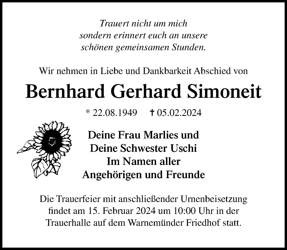  Traueranzeige für Bernhard Gerhard Simoneit vom 10.02.2024 aus Ostsee-Zeitung GmbH