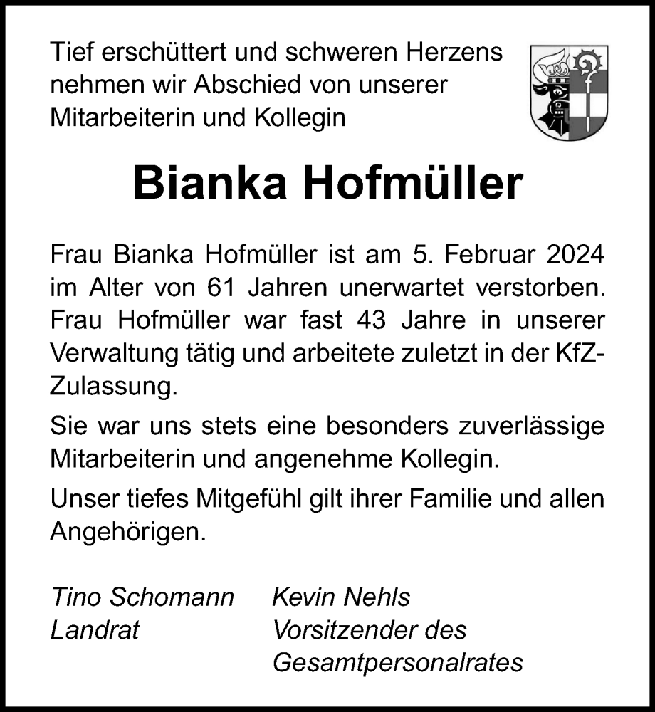  Traueranzeige für Bianka Hofmüller vom 24.02.2024 aus Ostsee-Zeitung GmbH