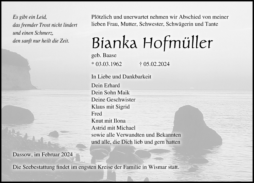  Traueranzeige für Bianka Hofmüller vom 10.02.2024 aus Ostsee-Zeitung GmbH