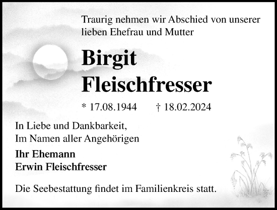 Traueranzeige von Birgit Fleischfresser von Ostsee-Zeitung GmbH