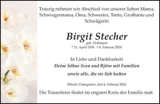 Traueranzeige von Birgit Stecher von Ostsee-Zeitung GmbH