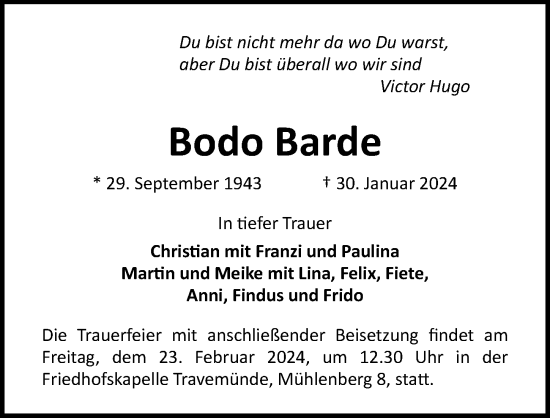 Traueranzeige von Bodo Barde von Lübecker Nachrichten
