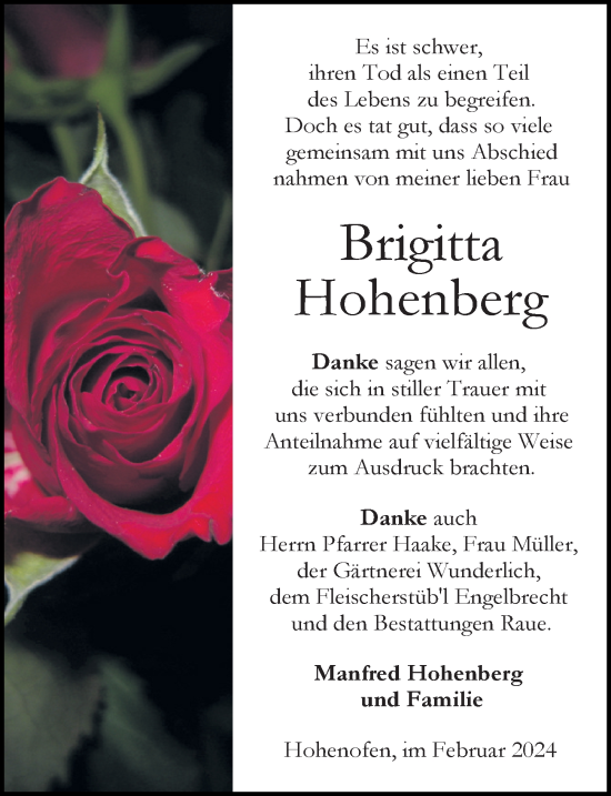 Traueranzeige von Brigitta Hohenberg von Wochenspiegel