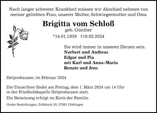 Traueranzeige von Brigitta vom Schloß von Göttinger Tageblatt