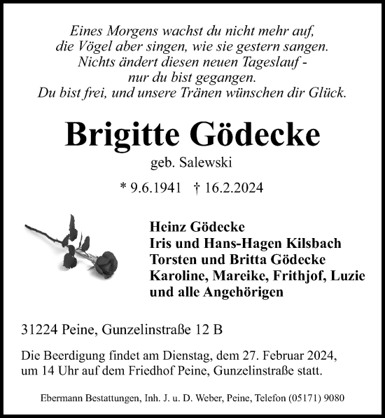 Traueranzeige von Brigitte Gödecke von Peiner Allgemeine Zeitung