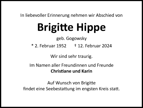 Traueranzeige von Brigitte Hippe von Lübecker Nachrichten