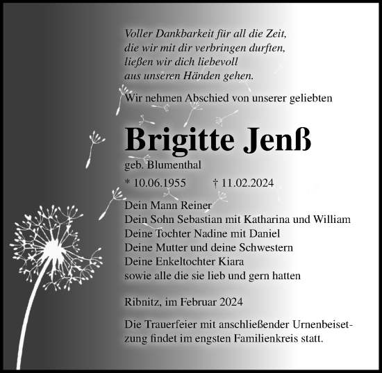 Traueranzeige von Brigitte Jenß von Ostsee-Zeitung GmbH