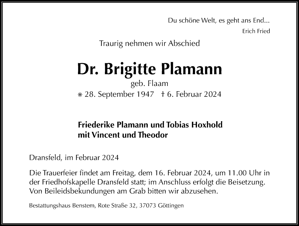  Traueranzeige für Brigitte Plamann vom 10.02.2024 aus Göttinger Tageblatt