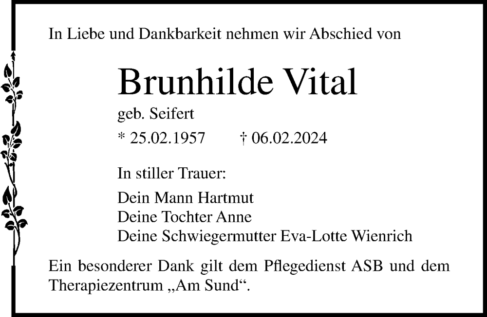  Traueranzeige für Brunhilde Vital vom 10.02.2024 aus Ostsee-Zeitung GmbH