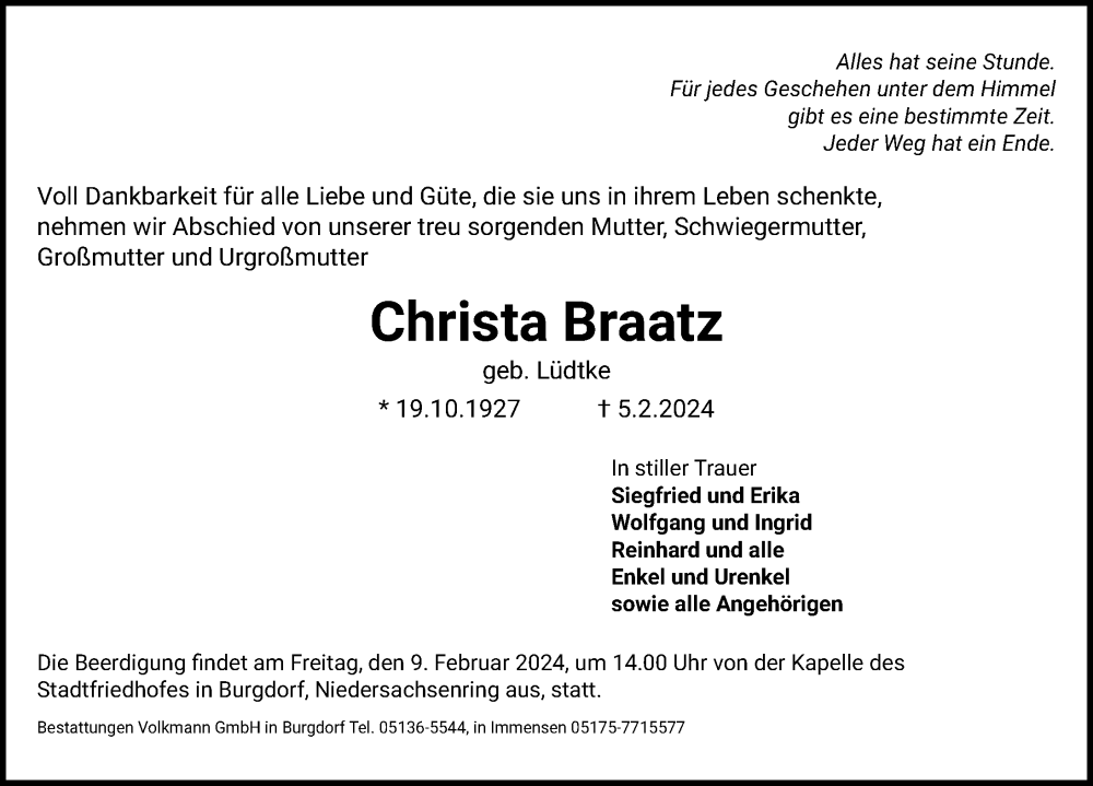  Traueranzeige für Christa Braatz vom 08.02.2024 aus Hannoversche Allgemeine Zeitung/Neue Presse