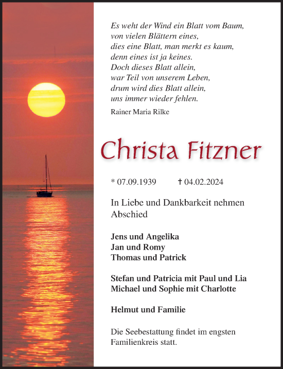 Traueranzeige von Christa Fitzner von Ostsee-Zeitung GmbH