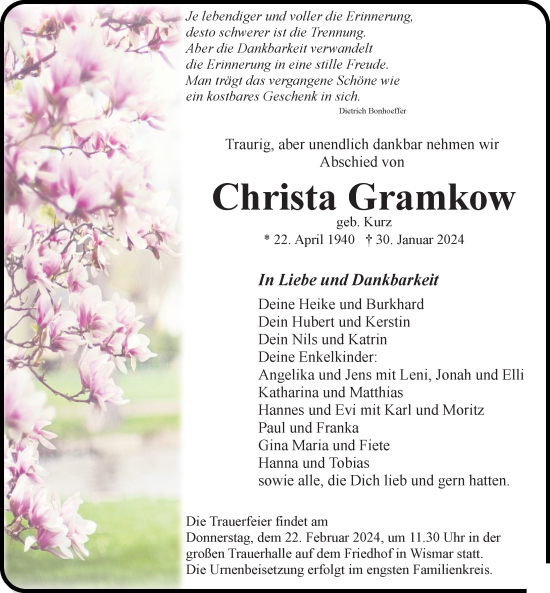 Traueranzeige von Christa Gramkow von Ostsee-Zeitung GmbH