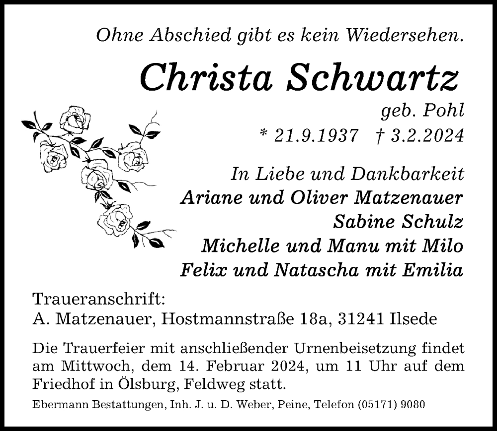  Traueranzeige für Christa Schwartz vom 10.02.2024 aus Peiner Allgemeine Zeitung