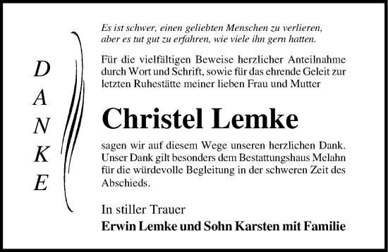 Traueranzeige von Christel Lemke