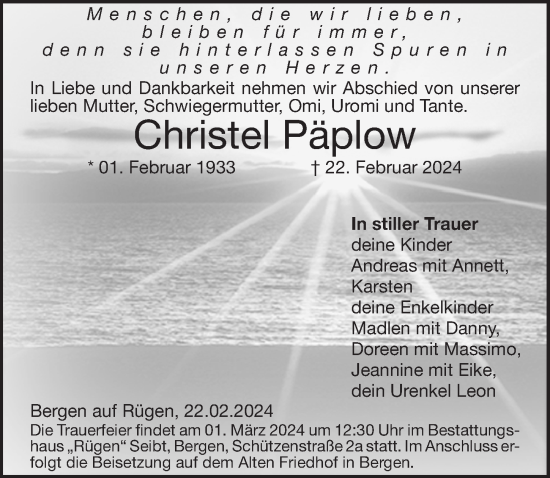 Traueranzeige von Christel Päplow von Ostsee-Zeitung GmbH