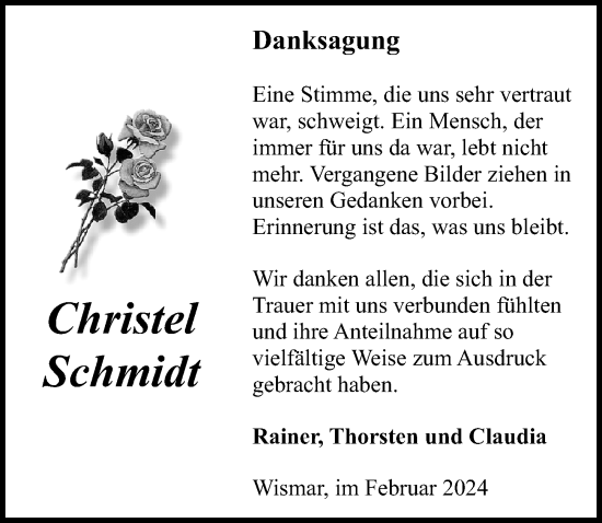 Traueranzeige von Christel Schmidt von Ostsee-Zeitung GmbH