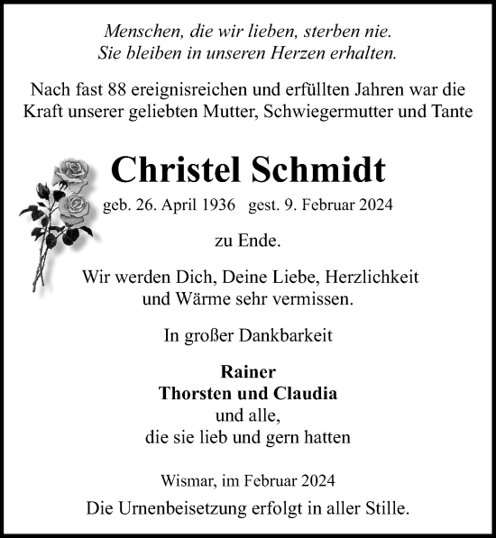 Traueranzeige von Christel Schmidt von Ostsee-Zeitung GmbH