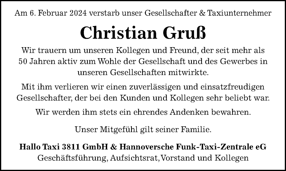  Traueranzeige für Christian Gruß vom 14.02.2024 aus Hannoversche Allgemeine Zeitung/Neue Presse