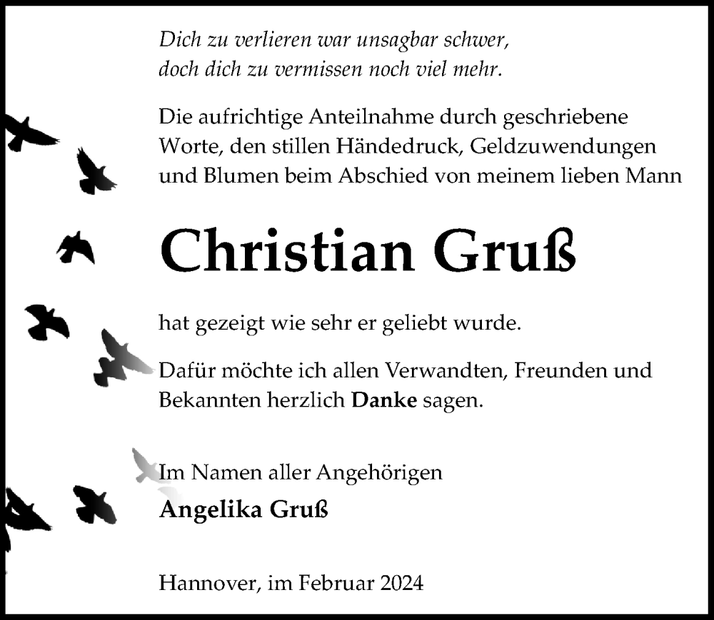 Traueranzeige für Christian Gruß vom 24.02.2024 aus Hannoversche Allgemeine Zeitung/Neue Presse