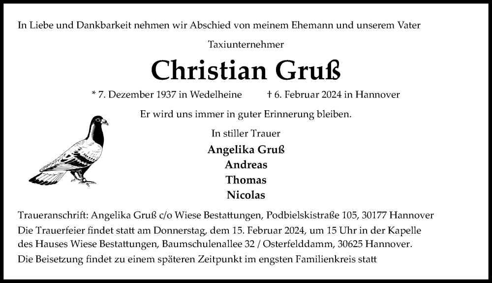  Traueranzeige für Christian Gruß vom 10.02.2024 aus Hannoversche Allgemeine Zeitung/Neue Presse