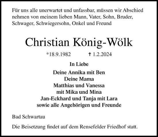 Traueranzeige von Christian König-Wölk von Lübecker Nachrichten