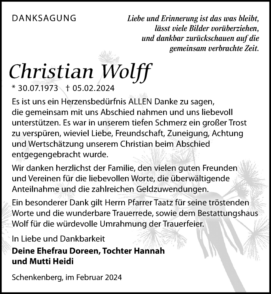  Traueranzeige für Christian Wolff vom 24.02.2024 aus Leipziger Volkszeitung