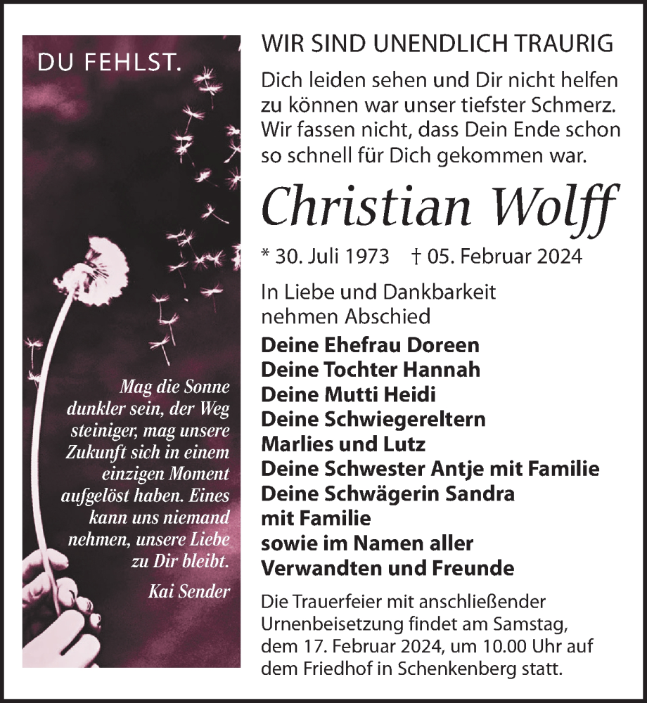  Traueranzeige für Christian Wolff vom 10.02.2024 aus Leipziger Volkszeitung
