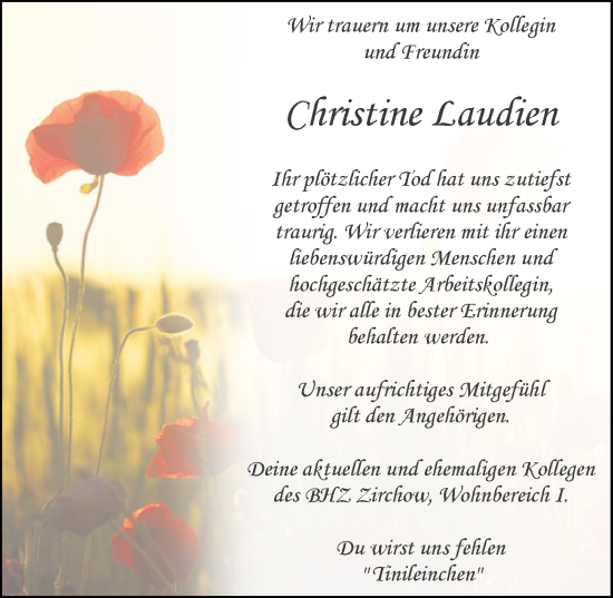 Traueranzeige von Christine Laudien von Ostsee-Zeitung GmbH