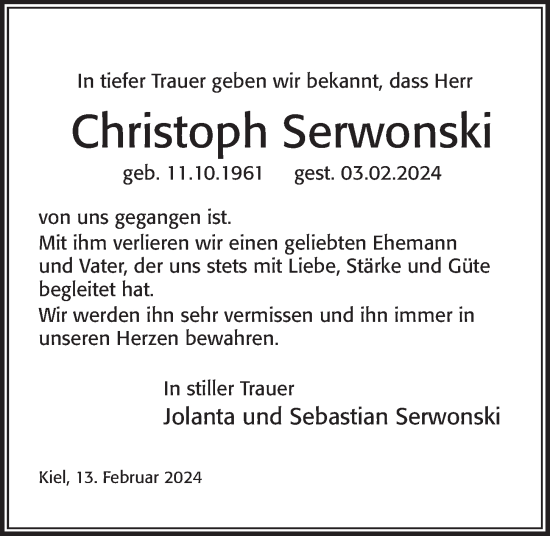 Traueranzeige von Christoph Serwonski von Kieler Nachrichten