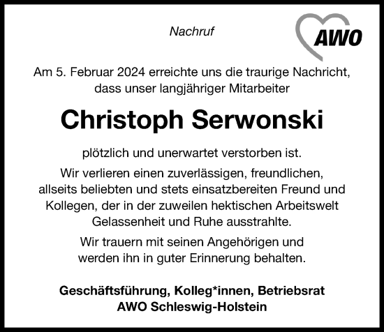 Traueranzeige von Christoph Serwonski von Kieler Nachrichten