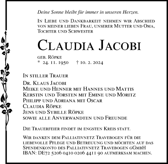 Traueranzeige von Claudia Jacobi von Lübecker Nachrichten