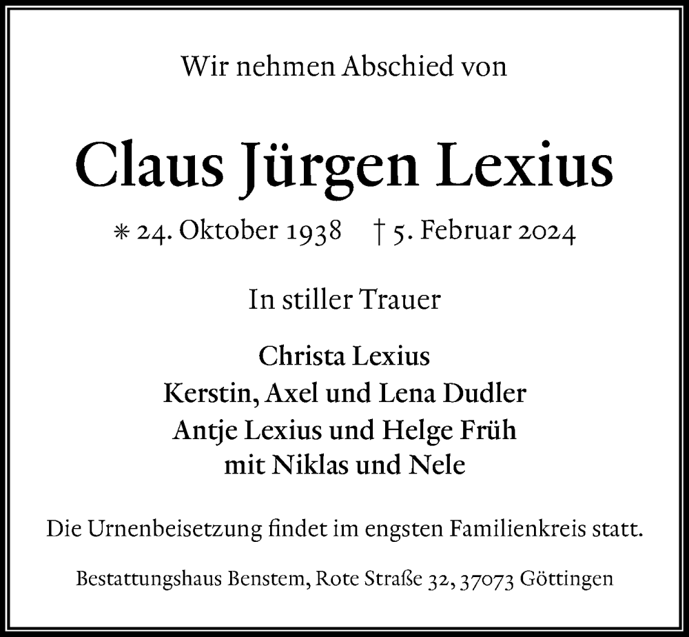  Traueranzeige für Claus Jürgen Lexius vom 10.02.2024 aus Göttinger Tageblatt