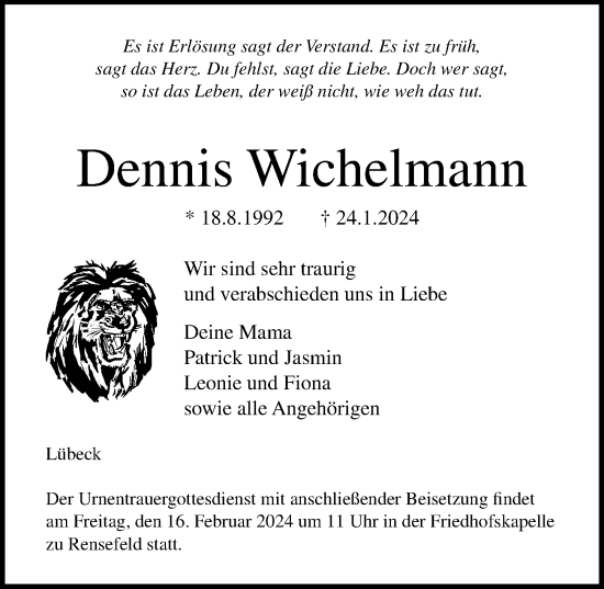 Traueranzeige von Dennis Wichelmann von Lübecker Nachrichten