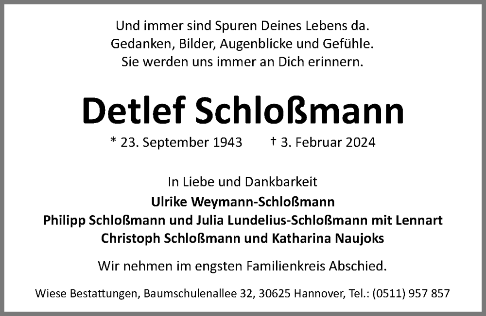  Traueranzeige für Detlef Schloßmann vom 10.02.2024 aus Hannoversche Allgemeine Zeitung/Neue Presse