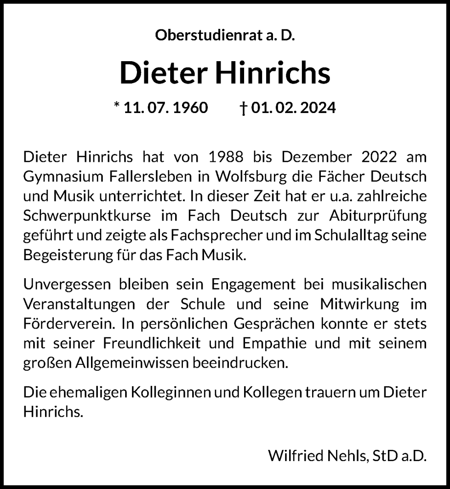  Traueranzeige für Dieter Hinrichs vom 14.02.2024 aus Aller Zeitung