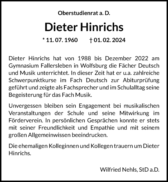 Traueranzeige von Dieter Hinrichs von Aller Zeitung