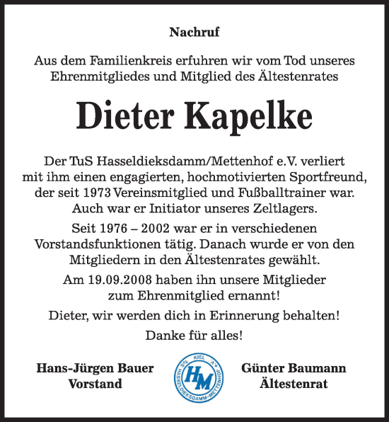 Traueranzeige von Dieter Kapelke von Kieler Nachrichten