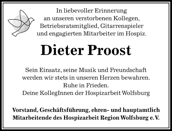 Traueranzeige von Dieter Proost von Aller Zeitung