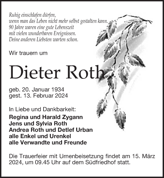 Traueranzeige von Dieter Roth von Leipziger Volkszeitung