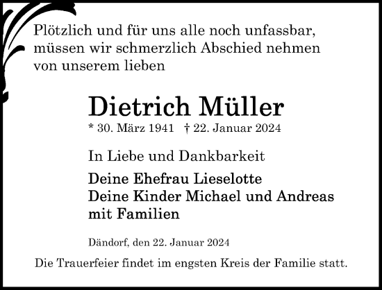 Traueranzeige von Dietrich Müller von Ostsee-Zeitung GmbH