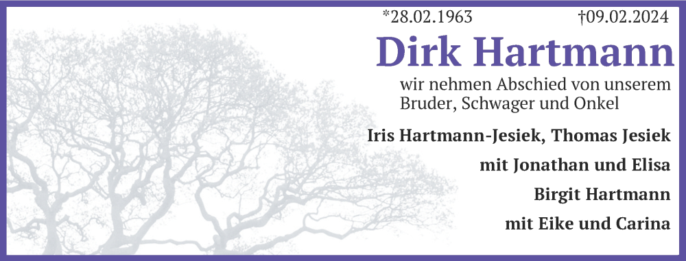  Traueranzeige für Dirk Hartmann vom 17.02.2024 aus Schaumburger Nachrichten
