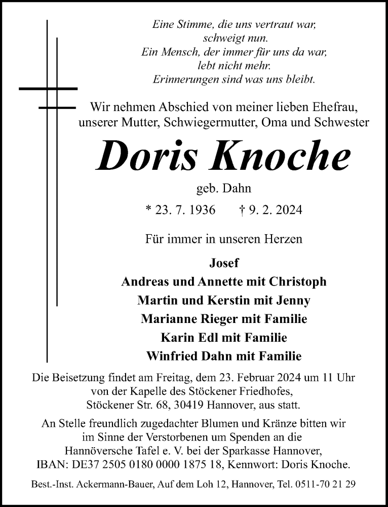  Traueranzeige für Doris Knoche vom 17.02.2024 aus Hannoversche Allgemeine Zeitung/Neue Presse