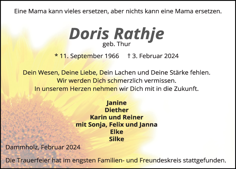  Traueranzeige für Doris Rathje vom 24.02.2024 aus Kieler Nachrichten