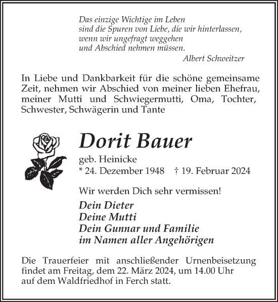 Traueranzeige von Dorit Bauer von Märkischen Allgemeine Zeitung