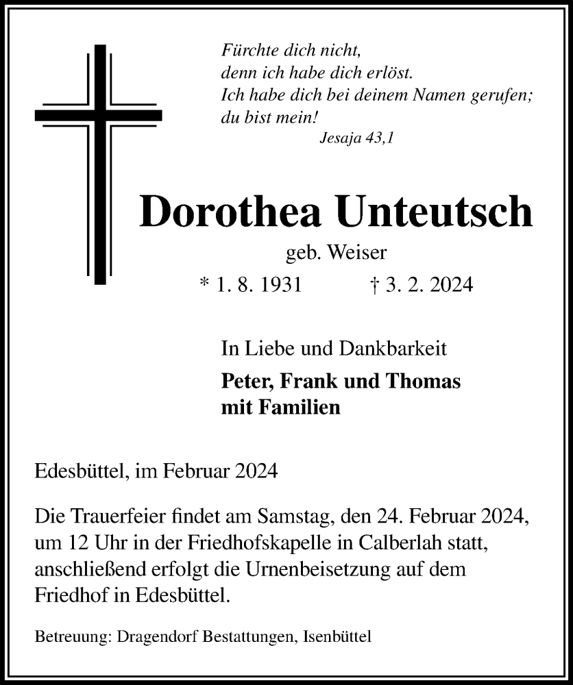  Traueranzeige für Dorothea Unteutsch vom 13.02.2024 aus Aller Zeitung