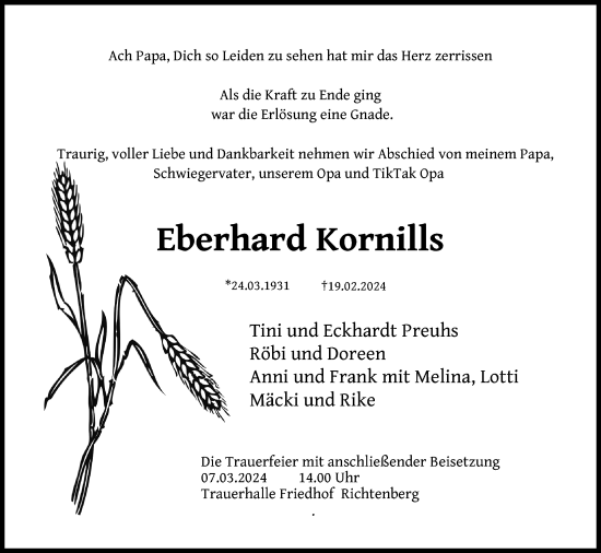 Traueranzeige von Eberhard Kornills von Ostsee-Zeitung GmbH