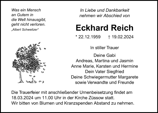 Traueranzeige von Eckhard Reich von Ostsee-Zeitung GmbH