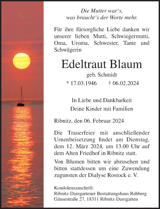 Traueranzeige von Edeltraut Blaum von Ostsee-Zeitung GmbH