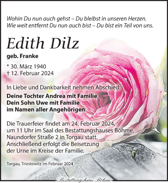 Traueranzeige von Edith Dilz von Torgauer Zeitung