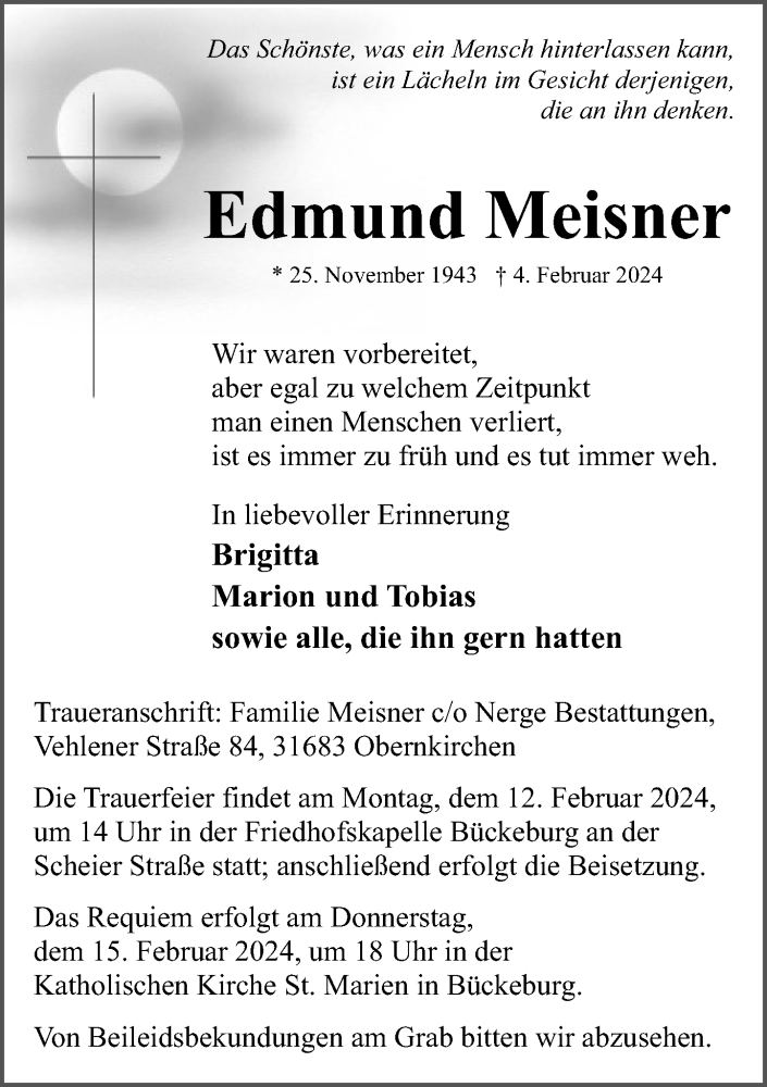  Traueranzeige für Edmund Meisner vom 10.02.2024 aus Schaumburger Nachrichten